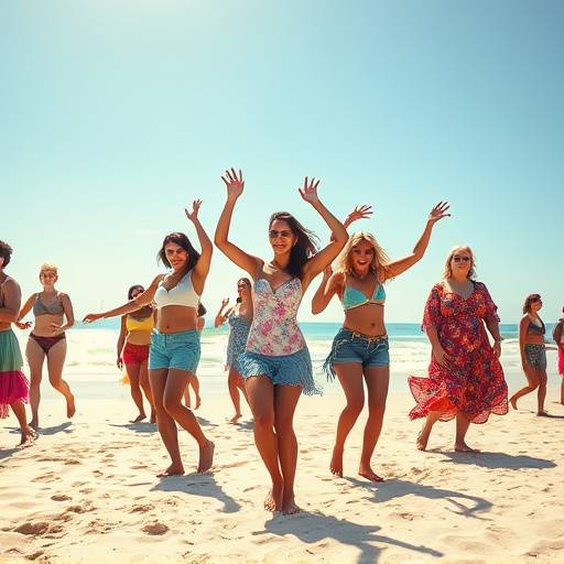 Image d'une vidéo musicale pour 'Soleil d'Été', montrant une plage ensoleillée avec des danseurs et des couleurs vives.