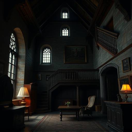 Intérieur d'un château avec des meubles anciens et une lumière tamisée.