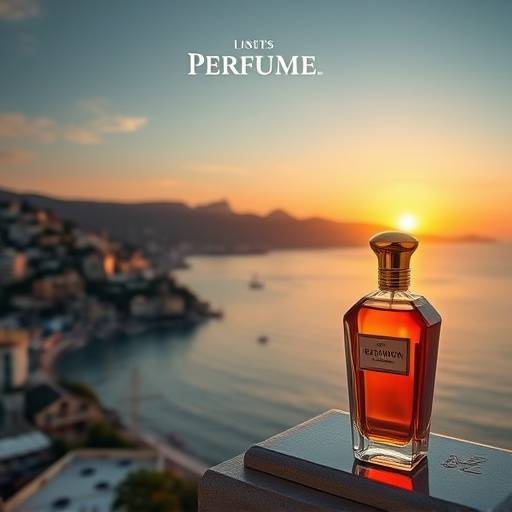Photographie d'une publicité pour 'Parfum Éternel', avec une vue panoramique sur la Côte d'Azur au coucher du soleil.
