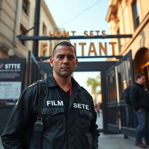 Un agent de sécurité surveillant l'entrée d'un lieu de tournage.