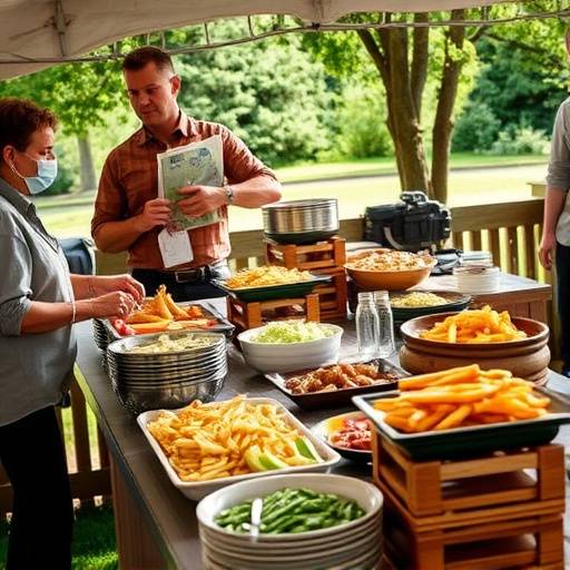 Un buffet de restauration pour une équipe de tournage en extérieur.