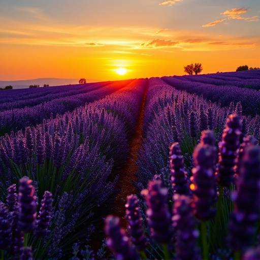 Un champ de lavande en Provence au coucher du soleil.