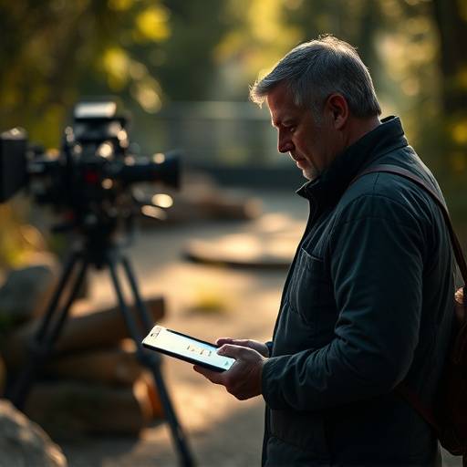 Un directeur de production examinant un emplacement potentiel avec une tablette.