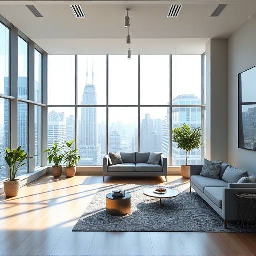 Un loft moderne avec de grandes fenêtres et une vue sur la ville.