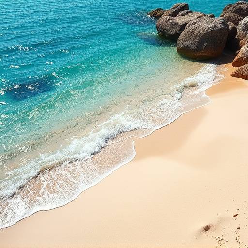 Une plage de sable fin avec des rochers et une mer turquoise.
