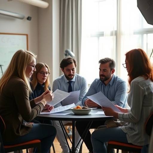 Une réunion de production avec des personnes discutant de scénarios et de budgets.