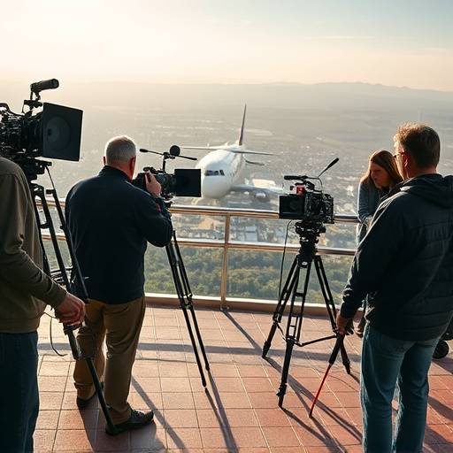 Une vue panoramique d'un plateau de tournage avec une équipe travaillant activement sur une scène.