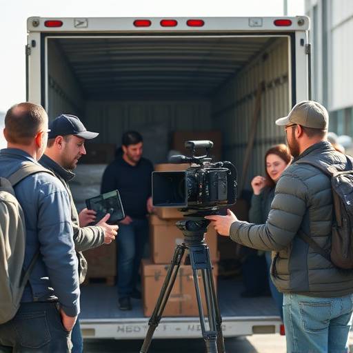 Une équipe de logistique coordonnant le transport de matériel de tournage.