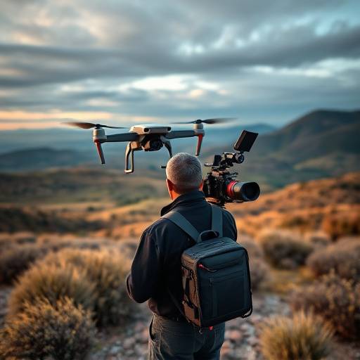 Une équipe de tournage utilisant des drones pour filmer des paysages panoramiques.