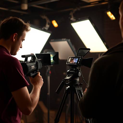 Une équipe technique ajustant l'éclairage sur un plateau de tournage.